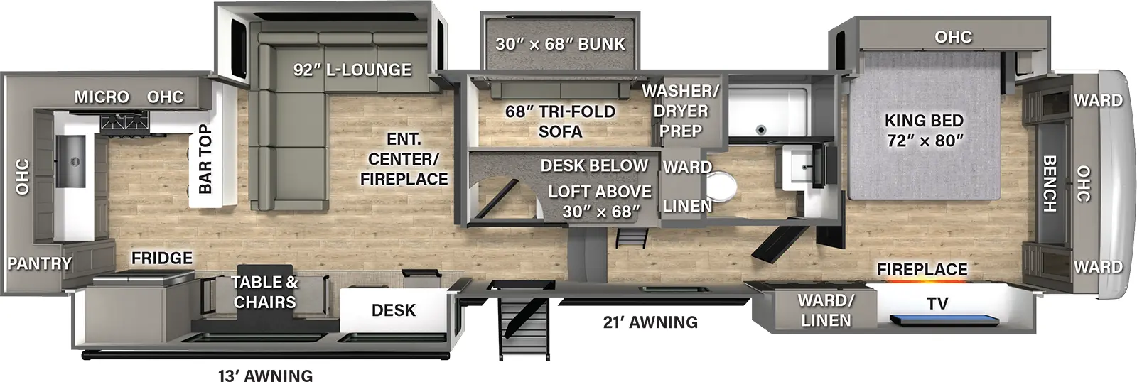 The Columbus 379MBL floorplan has one entry and five slide outs. Exterior features include: fiberglass exterior and 13' & 21' awning. Interiors features include: bunk beds, loft, rear kitchen and front bedroom.